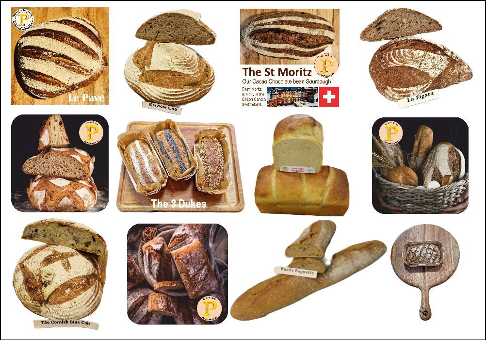 A variety of different types of artisan breads displayed on wooden and woven surfaces.