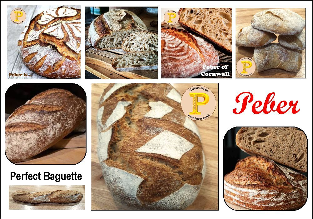 Assorted freshly baked sourdough breads, including baguettes and round loaves, with decorative crust patterns.